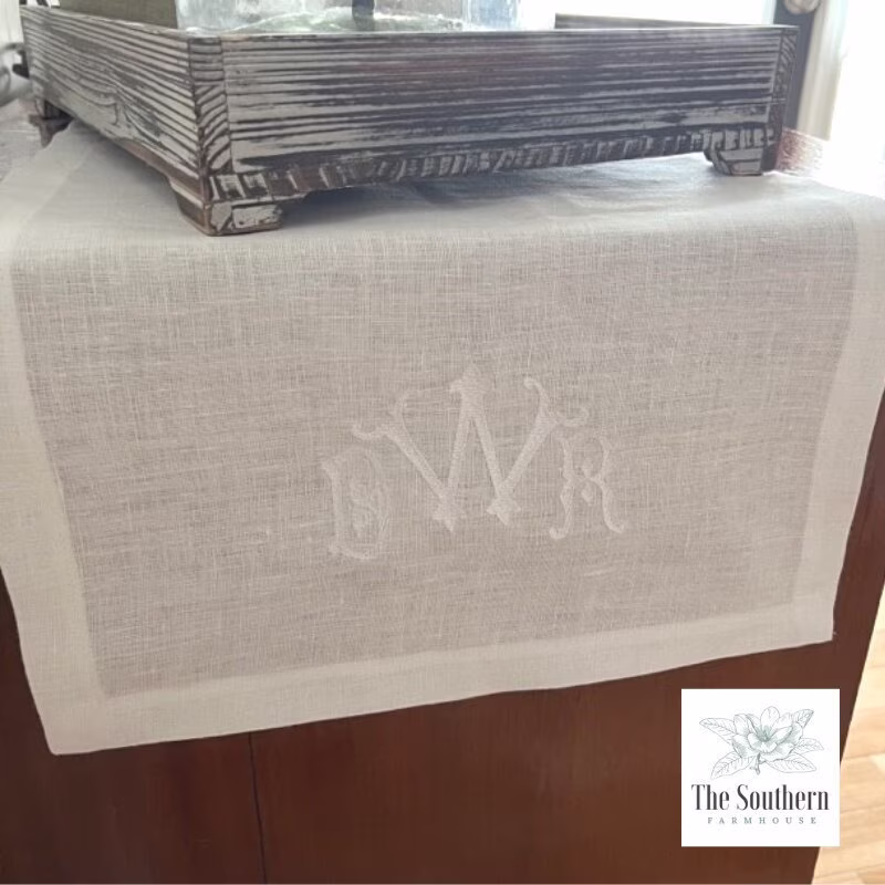 100% Linen Monogrammed Table Runner - Antique Chic Monogram Handmade Heirloom Linens Embroidered