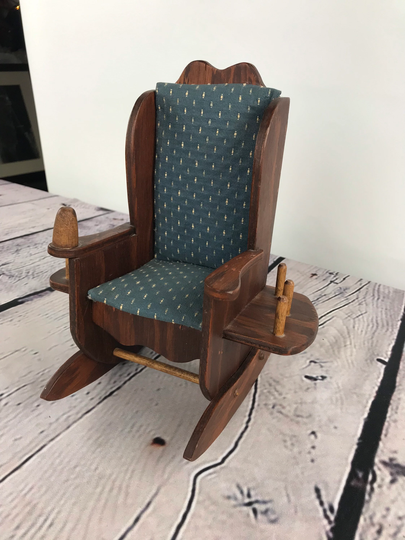 Vintage Carved Wood Doll Rocking Chair, Miniature Padded Chair For Dollhouse Furniture, Atomchicago
