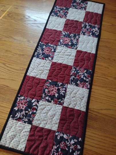 Quilted Table Runner, Black Red & Cream Farmhouse 13 1/2 X 38 Inches