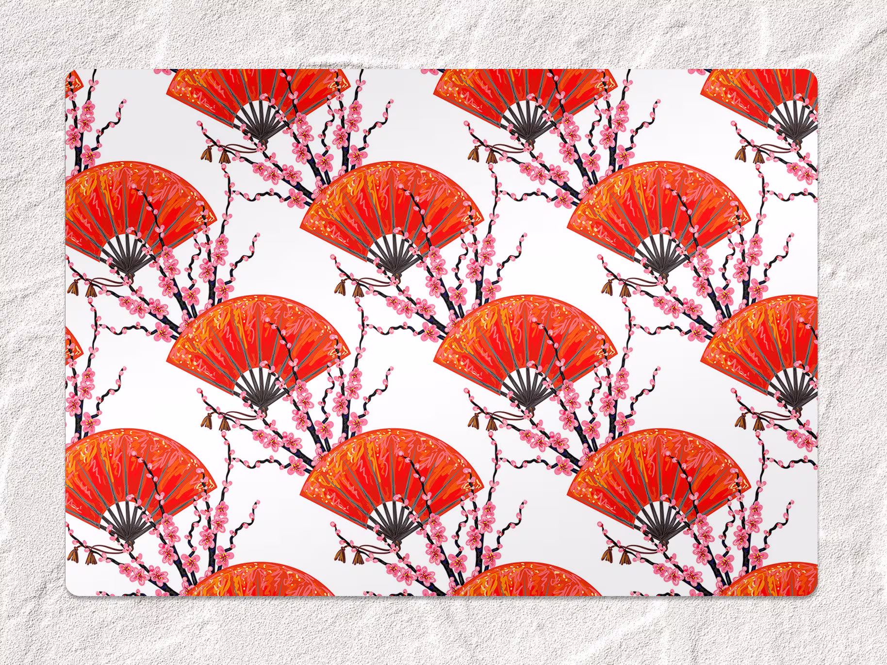 Hand Fan Sakura Chair Mat, Red Splat Pink Vinyl Floor Japanese Protective Office Decor, Area Rug, Gift Idea, Splash Mat