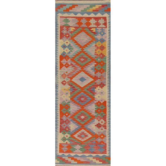Geometric Kilim Oriental Runner Rug Flat-weave Multi-Color Wool Carpet - 2'8"x 9'6"