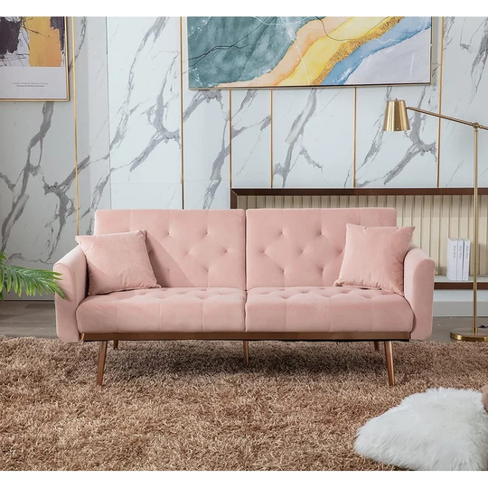 Velvet Futon Sofa Bed, Sleeper Sofa Couch with 2 Pillows, 5 Metal Legs