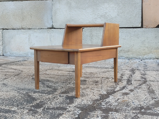 Stanley Walnut Step End Table With Drawer ~ Vintage Two Tier Side Mid-Century Modern Nightstand Retro Lamp Minimalist
