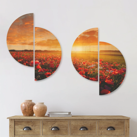 Designart 'Beautiful Poppy Field at Sunset' Abstract Wood Wall Art Set of 4 Half Circles - Multi-Color