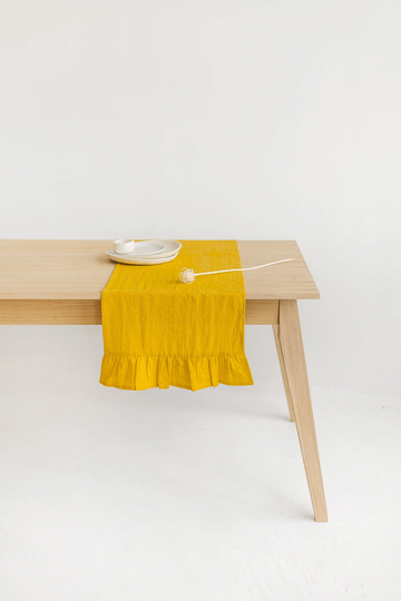 Yellow Linen Table Runner With Ruffles, Soft Rustic Runner, Rustic Christmas Decor, Ruffled Long