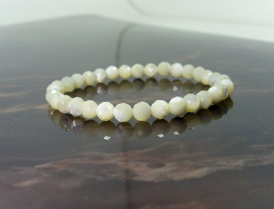 Dainty Mother Of Pearl Bracelet Faceted 6mm, Natural Gemstone Bracelet, Stretch Beaded For Women Or Girl, Gift + Bag