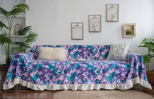 Purple Camouflage Ruffled Edge Sofa Cover, Loveseat Cover Slipcover For Seat, Table Cloth Multi-Function Cotton Furniture Protect