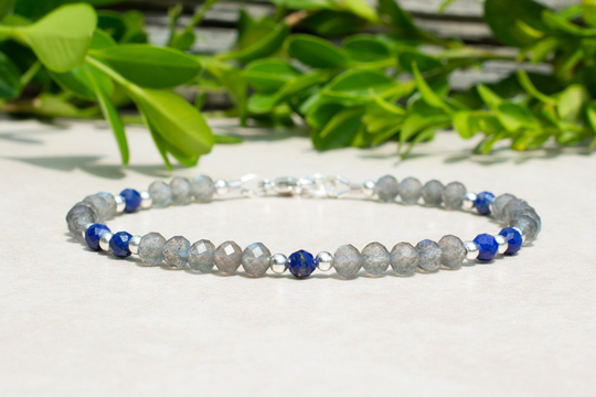Labradorite Lapis Beaded Bracelet, Women's Sterling Silver, Gemstone Tiny Delicate Jewelry, Mothers Day Gift For Her