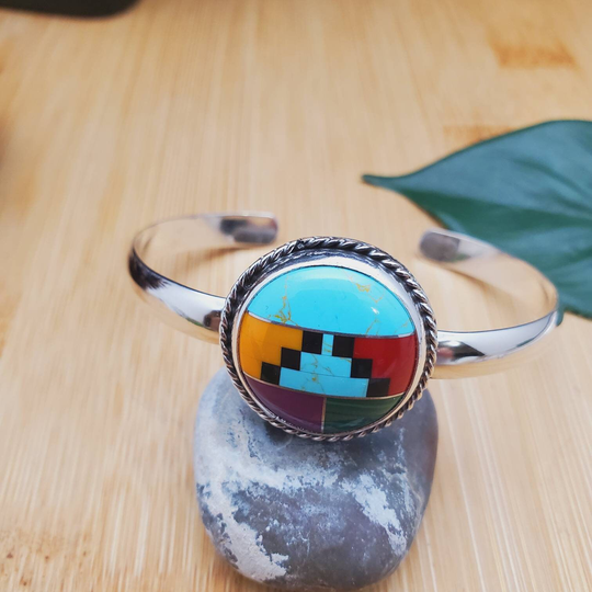 Socute925 Dainty Multicolor Cuff Bracelet | Southwestern Inlay Sterling Silver Made in Usa