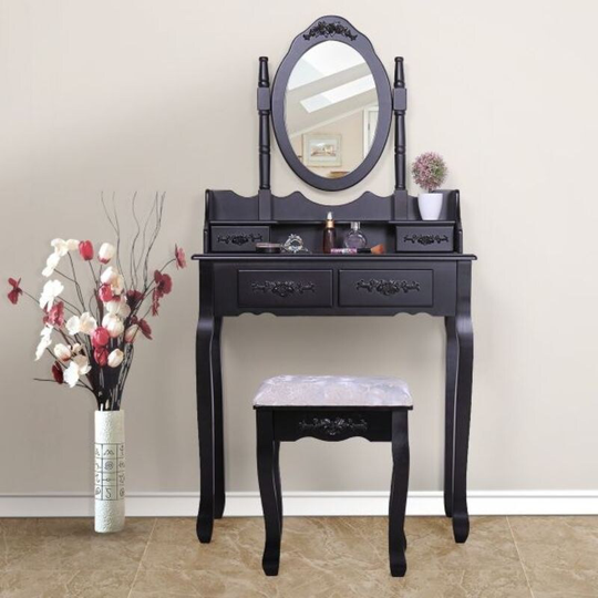 Black Mirrored Makeup Table set W/Stool, Drawer, Storage Box - 29.5" (L) X 15.7" (W) X 57.1" (H)