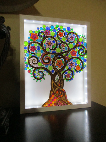 Tree Of Life 15x12 Glass Painting Painted Glass Shadow Box Wall Art Table Top Bohemian Decor