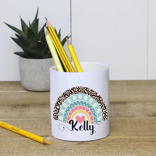 Personalised Pencil Pot, Custom Pen Holder, Rainbow Desk Tidy, Organiser With Name For Teen, Friend