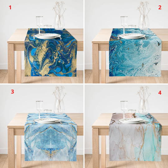 Blue Gold Marble Table Runner, Print Cover, Modern Design Tableware, Stylish Top, Decor, Housewarming Gift