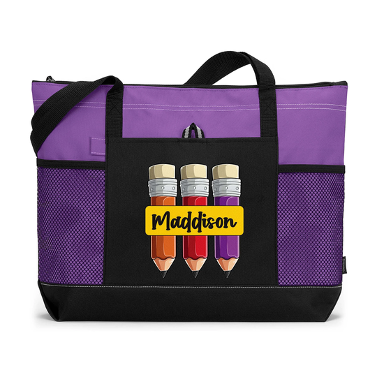 Girl Pencil - Personalized Printed Tote Bag With Mesh Pockets, Back To School, Teacher Gift, Appreciation