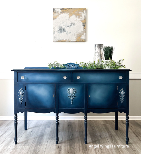 Antique Sideboard. Vintage Buffet Cabinet. Boho Dining Room Server. Painted Media Tv Console. Blue Credenza. Eclectic Entryway Cabinet