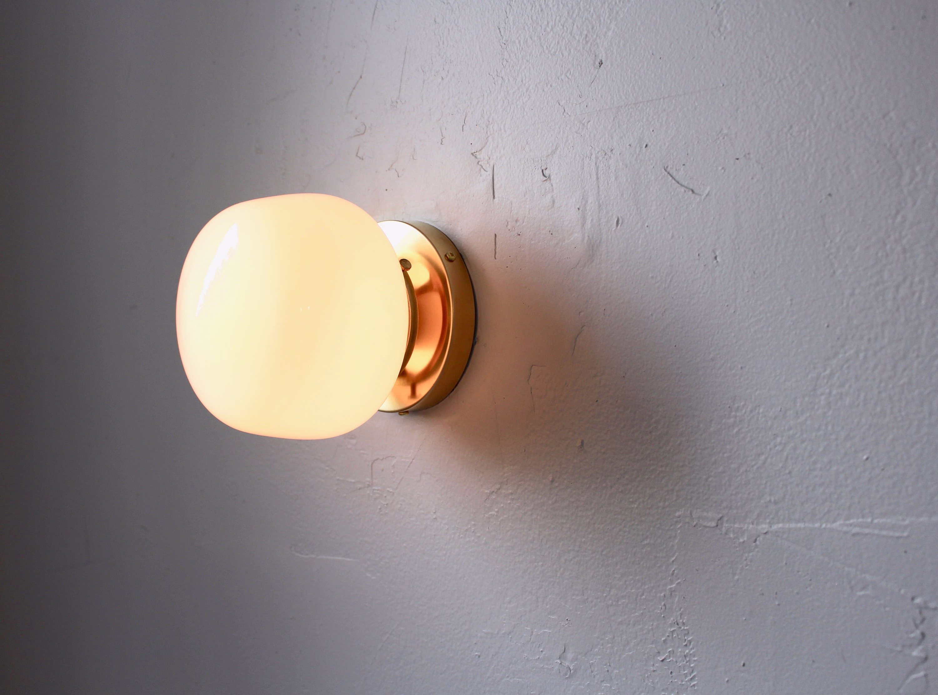 Wall Sconce Lamp, Brass Flush Mount Light, White School House Glass Globe Shade, Modern Industrial Lighting Fixture, Wire in Or Plug