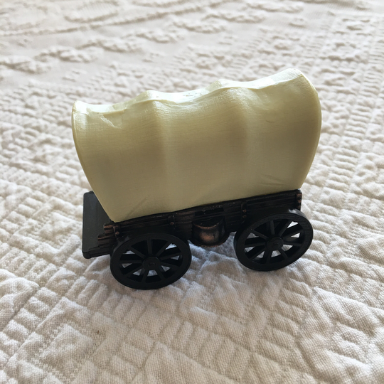 Vintage Covered Wagon Cast Iron & Plastic Pencil Sharpener. Wonderful Miniature Display With Turning Wheels On Bottom