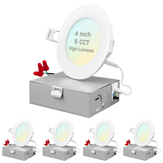Luxrite 4" Ultra Thin LED Recessed Light with J-Box, 12W, 5 Color Selectable, 950 Lumens, Dimmable, Wet Rated 4 Pack