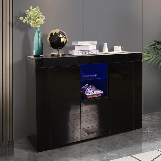 Living Room Sideboard Storage Cabinet White High Gloss with LED Light