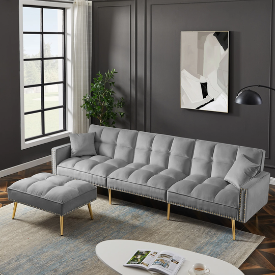 Velvet Upholstered Reversible Sectional Sofa with Ottoman, Modern L-Shape Sleeper Sofa with Nailhead Trim & Tufted Cushion