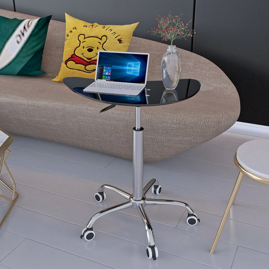Adjustable Height Coffee Table with Tempered Glass Tabletop Side Table with Lockable Wheels End Table with Metal Frame
