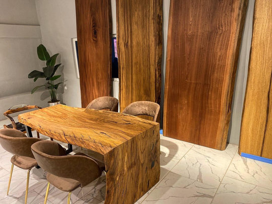 Waterfall Live Edge Wooden Table, Walnut Wood Clear Oak Handmade Design Office Table