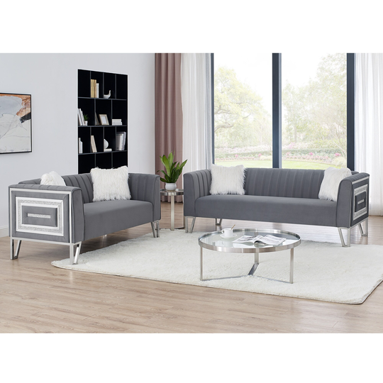2 Piece Living Room Sofa Set Including 3-seater Sofa and Loveseat with Mirrored Side Trim with Faux Diamonds and Metal Legs