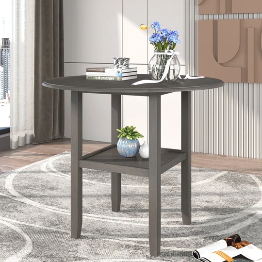Round Counter Height Dining Table, 42 Inch Wood Farmhouse Kitchen Table with Drop Leaf and Storage Shelf