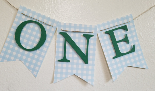 High Chair Banner, One Blue Gingham Banner, Light Gingham, Baby & Green, Check Banner