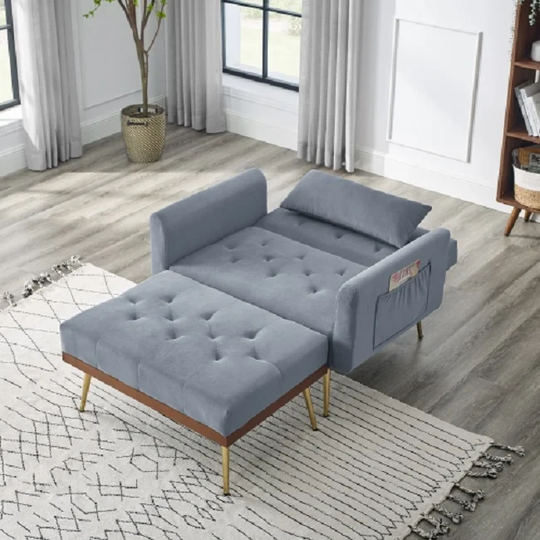 Recline Sofa Chair with Ottoman, Two Arm Pocket and Wood Frame include 1 Pillow, Grey