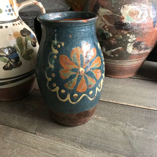 19Th C Floral Pottery Jug, Pitcher, Terra Cotta, Glazed Pottery, Rustic European Farmhouse, Farm Table