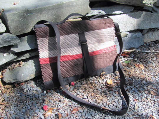 Etsy Pick Fabric Crossbody Messenger Bag, Recycled Upcycled Cloth Shoulder Tote Artist Satchel, Eco Artisan Hand Woven Dark Brown Red Gray