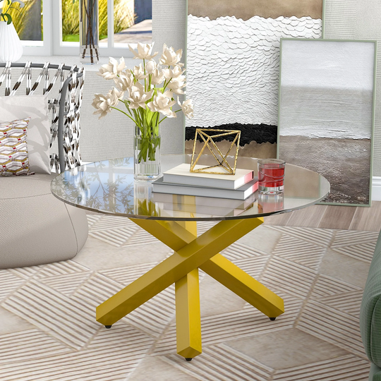 3 legs Simple & Modern Style Coffee Table Cocktail Table with Tempered Glass Tabletop and Steel Pipes with Adjustable Plastic