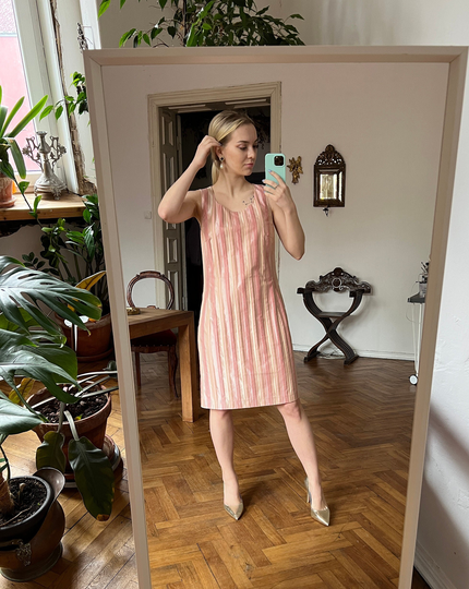 Vintage Beige Striped Silky Midi Dress, Sleeveless Pencil Dress