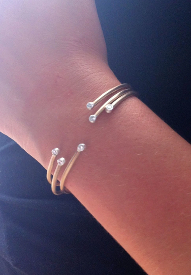 Set Of Three Gold Colored Brass Cuff Bracelets With Two Sterling Silver Tube White Cz's 0031