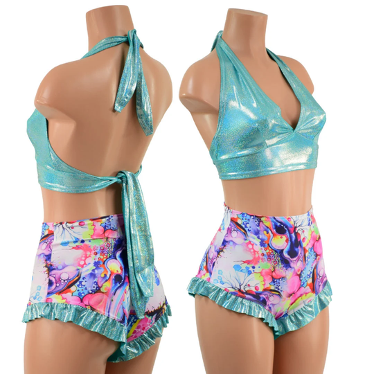Seafoam & Dreamscape Halter & Ruffled Leg Siren Shorts Set | Halter/Ruffle in Seafoam, Shorts Dreamscape157786
