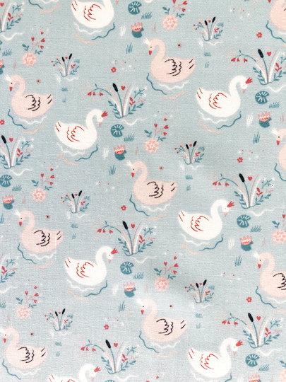 Small Swan Lake Blue Floral Quilting Cotton Fabric By 1/2 Yard Or Fat Quarter, White Pink Crowned Swans Princess