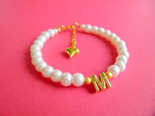 Personalized Initial Pearl Bracelet, With Glitter Beads & Pearls Little Girls Flower Girl Bracelet