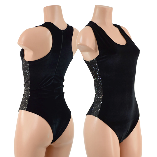 Black Velvet Romper With Racerback Neckline, Brazilian Cut Leg, Star Noir Side Panels, & A Back Zipper 157824