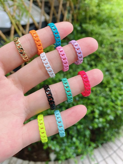 5-10Pcs, Summer Fashion Colorful Enamel Geometric Curb Chain Ring Candy Color Dripping Oil Open Rings For Women Party Jewelry Gift
