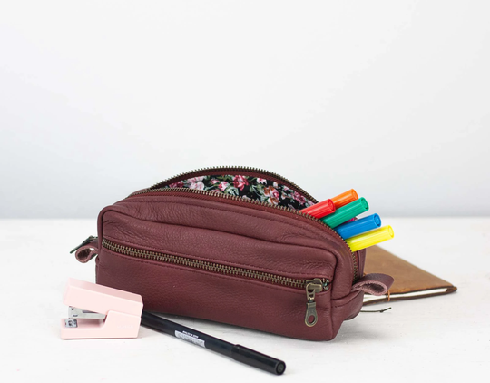Burgundy Leather Pencils Case, Rectangular Accessory Bag Purse Case Glasses Markers Zipper Pouch - The Brick