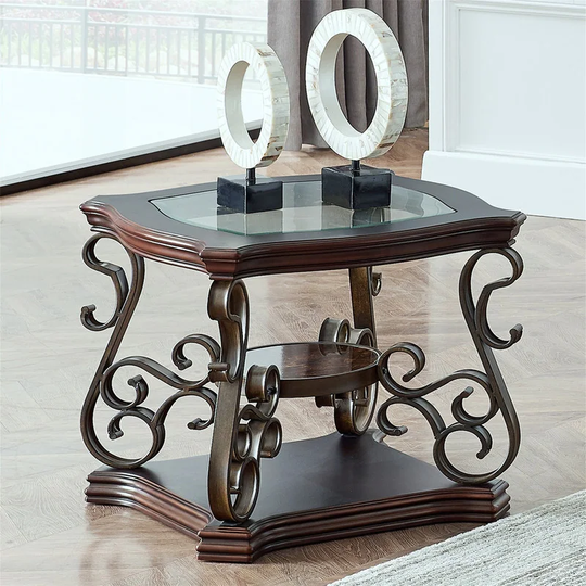 End table, Glass table top, MDF,marble paper middle shelf, metal legs