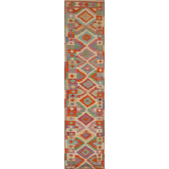 Reversible Multi-Color Kilim Runner Rug Hand-woven Wool Carpet - 2'7"x 16'4"