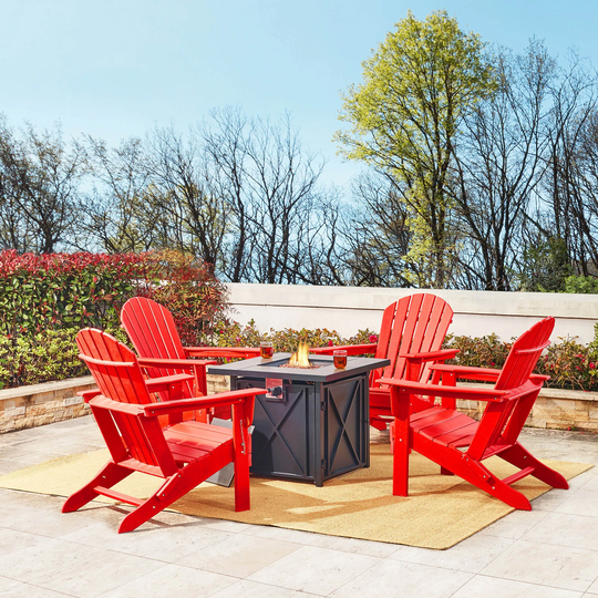 Elm Plus 5 Piece 50000 BTU Aluminum Propane Firepit Table & HDPE Folding Adirondack Chairs Set
