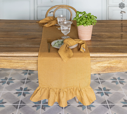 Cinnamon Brown Linen Table Runner With Ruffle - Mustard Brown Runner-Mustard Runner - Handmade