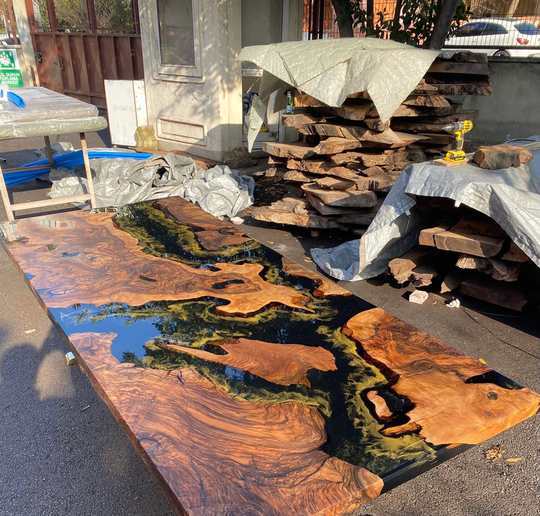 Epoxy Table, Custom 96" X 40" Walnut Black Gold Leaf River Dining Order For Jane