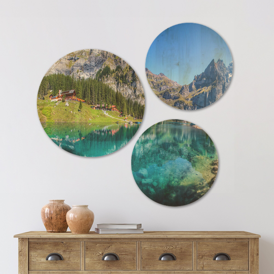 Designart 'Lake Oeschinen Switzerland' Landscape Wood Wall Art Set of 3 Circles - Multi-Color