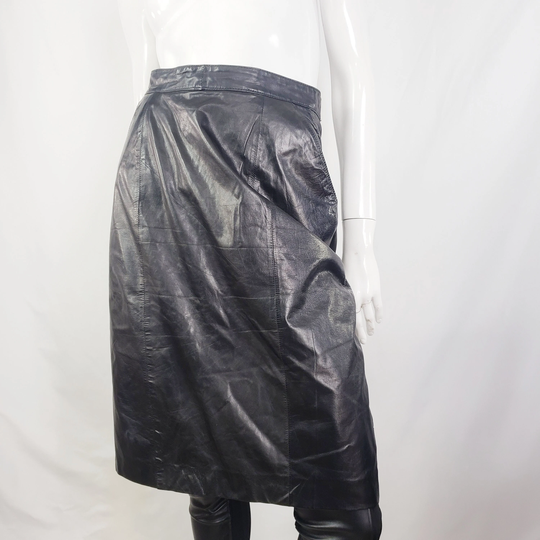 Vintage 80S Black Genuine High Waisted Leather Pocketed Pencil Skirt Small