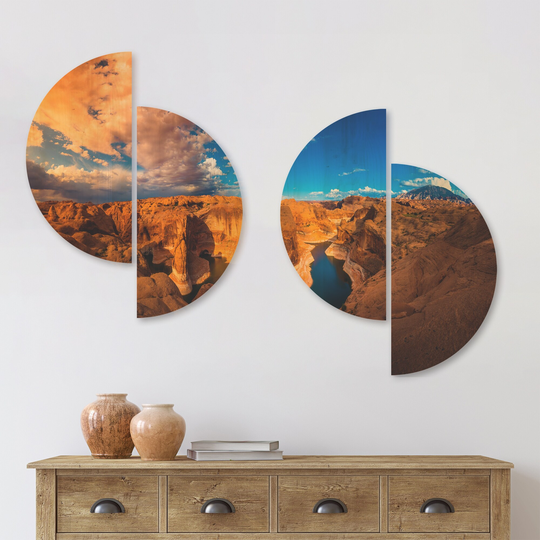 Designart 'Reflection Canyon Lake Powell' Landscape Wood Wall Art Set of 4 Half Circles - Multi-Color