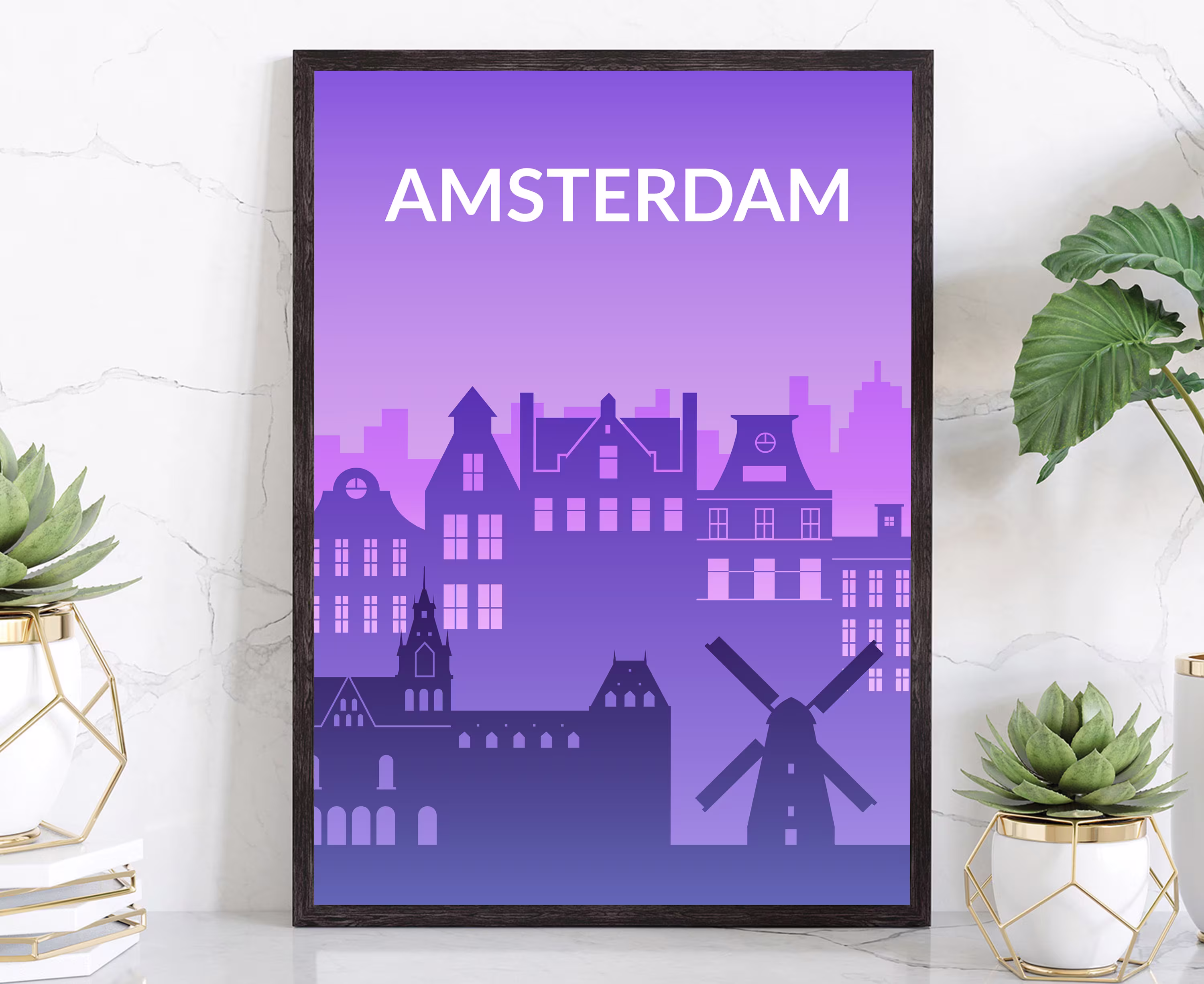 Solid Color World Cities, Netherland Amsterdam Modern Poster Print, City For Office Decoration & Home